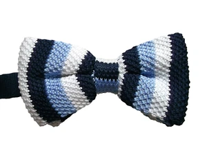 Bow Tie Mens Bowtie Adjustable Dickie Navy Blue White Striped Knitted - Picture 1 of 2