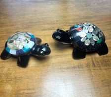Pair of Black Obsidian Carved Turtles Tortoises-Abalone Goldstone Turquoise