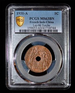 PCGS MS63 BN 1931-A French Indo China Lec-96 Torche 1 Cent - Picture 1 of 4