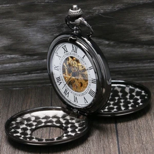 Retro Hollow Roman Numbers Cover Handwind Mechanical Pocket Watch Pendant Chain - Picture 1 of 9