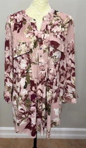 Cocomo Popover 2X Popover Top Pink White Floral Pleated V Neck 1/2 Slv Boho - Picture 1 of 10