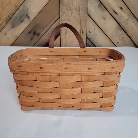 Longaberger 1985 Basket Wall Key/Mail Hanging w Leather Strap Handle & Hook Sgnd Cover