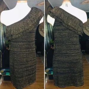 TRINA TURK Women's One Shoulder Dress Glitter Gold Black Size Medium - Picture 1 of 9