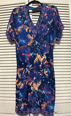 BCBG Blue Orange Pink Geometric Stretch V-Neck Tunic Dress With Pockets Women XS - Image 1 of 4