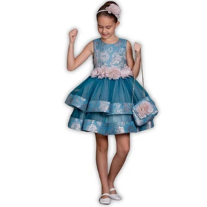 Teal & Pink Dress with Layered Skirt & Floral Belt for Girls (4-5 Years) - Picture 1 of 1