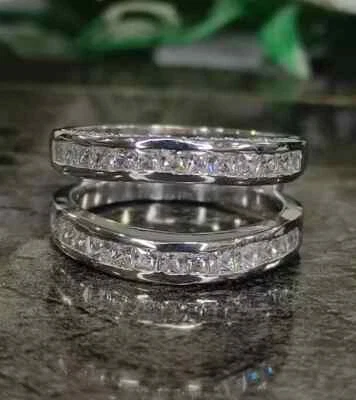 Simulated Diamond 14K White Gold Plated Women Enhancer Gard Ring 2Ct Princess - Image 1 of 4