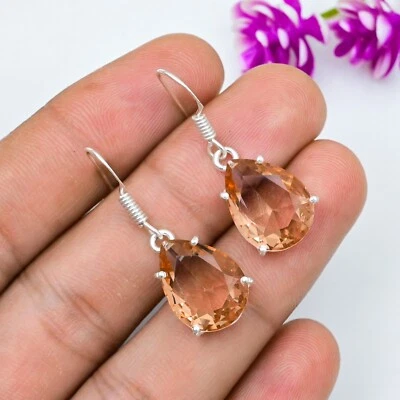 Morganite Teardrop Gemstone Earrings Handmade Jewelry 925 Sterling Silver Gift - Image 1 of 4