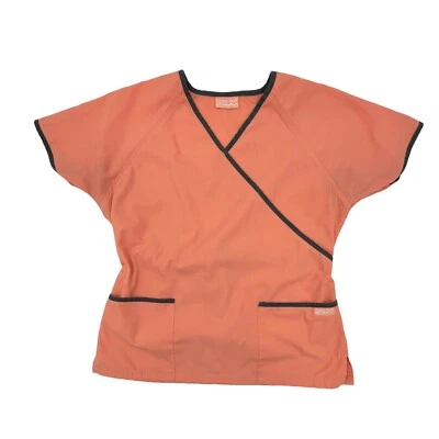 BUTTERSOFT Cross Front Back Tie Womens Scrub Top Apricot Front Pockets Gray Trim - Image 1 of 4