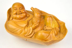 Chinesischer Buddha handgeschnitzt Holz Holzschnitzerei Baden auf dem Rücken - Bild 1 von 3