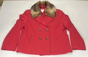Chico’s Red Lined Pea Coat Removable Faux Fur Collar Women’s 2 US-L - Picture 1 of 5