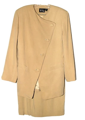 Vintage YL Beige Silk with Angled Covered Button Jacket Pencil Skirt Suit Size 8 - Image 1 of 4