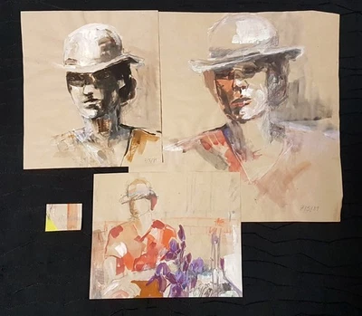 Gesicht Frau Modern Art Contemporary Lady signiert 1989 Aquarell Hut Blick Mode - Bild 1 von 4