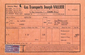 COURS ( 69 ) LES TRANSPORTS JOSEPH VALLIER / FACTURE 1959 - Picture 1 of 1