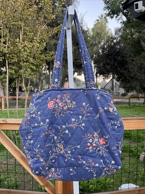 Vtg Quilted Bag Large Pockets Hand Made Floral Lined Boho Blue 80s 90s - Image 1 of 4