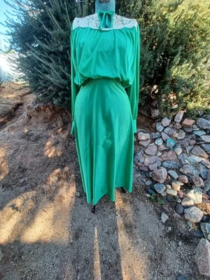 Maxi Vestido Vintage Años 70 Verde/Marfil Imitación Victoriano Fiesta Vacacional 1970-algo Foto 1 de 4