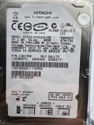 Hitachi HTS541040G9AT00 40GB 2.5" IDE HDD 5400RPM Laptop Hard Drive - Image 1 of 4