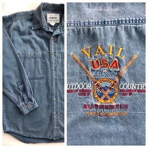 VTG 80s 90s Mens M Womens L Denim Shirt VAIL Colorado Embroidered Ski Mountain - Picture 1 of 8
