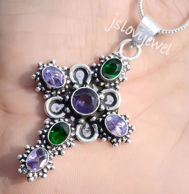 Colgante Cruz Pascua Cruz Plata Esterlina 925 Piedras Preciosas Diópsido Corte Amatista y Cromo Foto 1 de 4