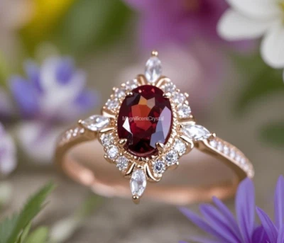 Anillo de piedra de nacimiento rojo granate vintage para mujer joyas regalos de cumpleaños/aniversario Foto 1 de 4