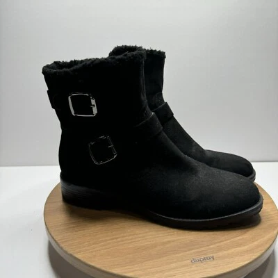 Unisa All Black Ankle Faux Suede Boots Faux Fur Lining Buckle Straps Size 8M - Image 1 of 4