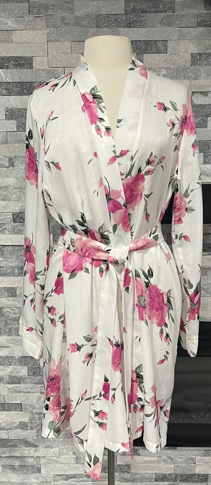APT 9 Womens Short Kimono Robe Satin White Pink Floral Lace Trim M - Image 1 of 4