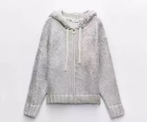 ZARA NEW WOMAN ZIP-UP FOIL KNIT HOODIE CARDIGAN SILVER SIZE S - Picture 1 of 8