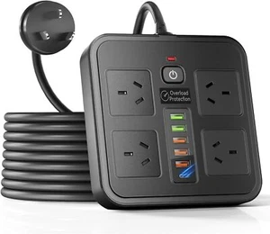 Powerboard USB 10IN1 Power Strip USB C Surge Protector with 4Outlet 1.8Meter BLK - Picture 1 of 6