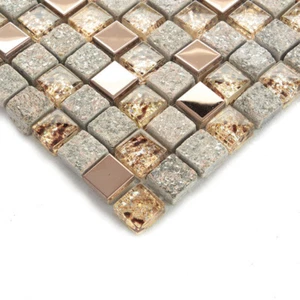 11 STCK. Steinmosaik gemischt Glas und Metall, grau und roségold Backsplash Fliese - Bild 1 von 5