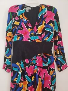 AJ BARI Silk Dress VTG 80s Art To Wear Cocktail Abstract Floral Surplice - Picture 1 of 16