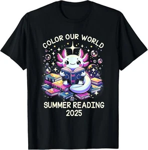 Color Our World Summer Reading Program 2025 Cute Axolotl T-Shirt - Picture 1 of 5
