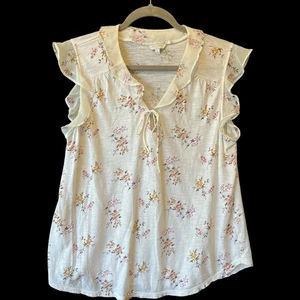 Camicia smanicata marca Lucky L bianca floreale volant legati collo a buco della serratura top donna - Foto 1 di 6
