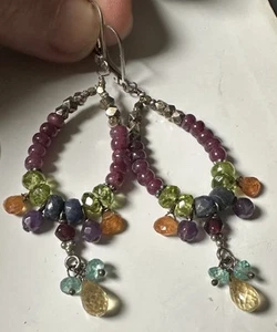 Artisan Sterling Silver Ruby Peridot Citrine Gemstone Earrings Hook Drops - Picture 1 of 9