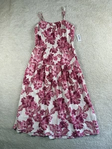 Old Navy Dress Women's M Pink Floral Linen Smocked Cottagecore Boho Romantic NEW - Picture 1 of 11