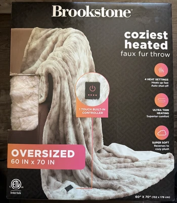 Brookstone Heated Faux Fur Tan Oversized Throw Blanket 4 Heat Settings 60" x 70" - Image 1 of 4