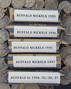 Buffalo Nickels 1934-1937 Lot of 5 complete rolls (200 Coins) READABLE DATE . - Picture 1 of 11