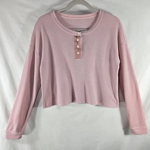 Top American Eagle rosa tejido gofre Henley manga larga para mujer S dobladillo crudo - Imagen 1 de 9