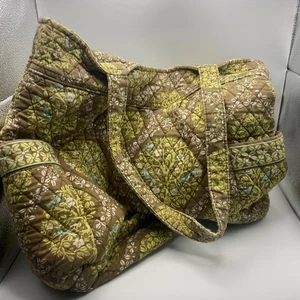 Vera Bradley Quilted Tote Bag Brown Green Floral Bird Purse Handbag Travel - Picture 1 of 6
