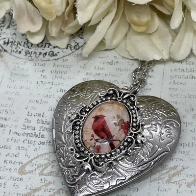 Heart Silver Locket Necklace Photo wedding Glass red Cardinal Bird Memorial gift - Image 1 of 4
