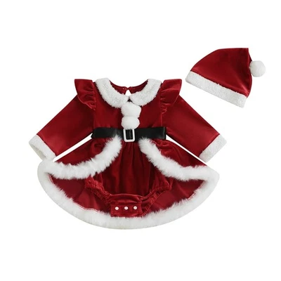 Bebé Niña Vestido de Navidad Rojo Terciopelo Mameluco Vestido Manga Larga Mono + Sombrero de Santa Foto 1 de 4