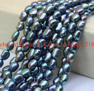Natural 9-10mm Peacock Black Freshwater Baroque Pearl Loose Beads 14'' Strand
