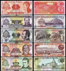 Honduras 5 Pcs Set, 1 2 5 10 20 Lempiras 2014 2016, UNC, P-96 97 98 99 100 - Picture 1 of 8