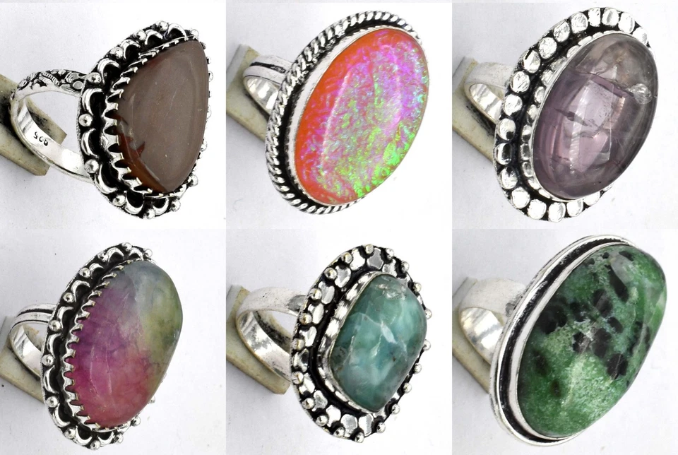 Mix Stein & Größe Menge Ethnisch Handgemacht 5 Stück Ringe Menge, Mix Versilbert - Bild 1 von 1