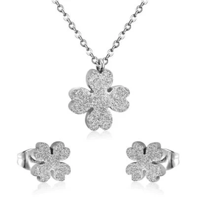 SET COLLANA E ORECCHINI QUADRIFOGLIO ACCIAIO GLASSATO ARGENTO PORTAFORTUNA DONNA - Immagine 1 di 3