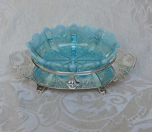 Victorian Butter Jam Dish Silver Plate and Vaseline Blue Pressed Glass c1880 - Picture 1 of 11