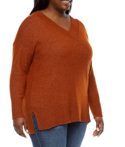 ANA Plus Size Womens V Neck Long Sleeve Fitted Pullover Black Rust Brown Sweater - Picture 1 of 12
