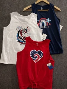 Girls 3 Pack Tank Red/Whit/Blue + 4th July Patriotic Top XXL 18 - Picture 1 of 11