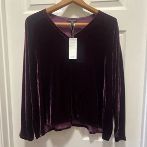 Neu mit Etikett Eileen Fisher Damen L Dolmanärmel Samt Top Langarm V-Ausschnitt Pflaume - Bild 1 von 8