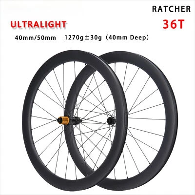 Juego de ruedas de carbono para bicicleta de carretera 700C Ratchet 36T 28 mm de ancho 40/50 mm gancho profundo sin cámara  Foto 1 de 4