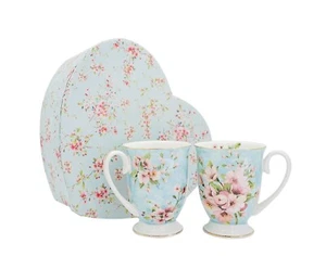Set of 2 Peach Blossom Blue 280cc Fine Bone China Coffee Cup Mug Heart Gift Box - Picture 1 of 1