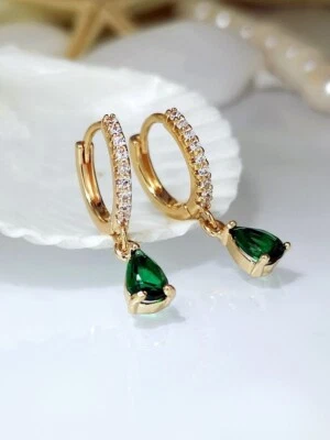 Classy Simulated Emerald & Moissanite Women's Hoop Earrings In 10K Yellow Gold - Image 1 of 4